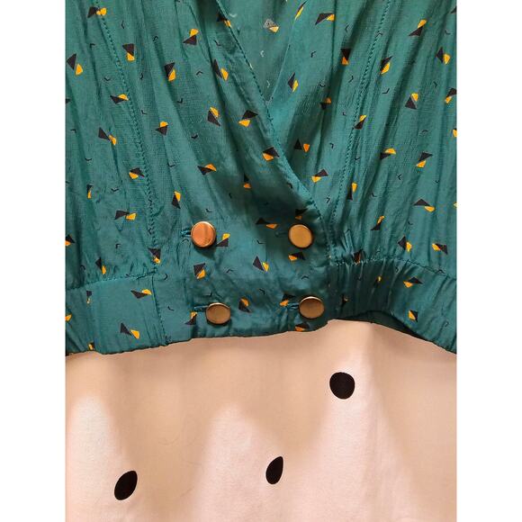Vintage Tobria green abstract print long sleeve deep v shirt with gold buttons - Picture 4 of 11